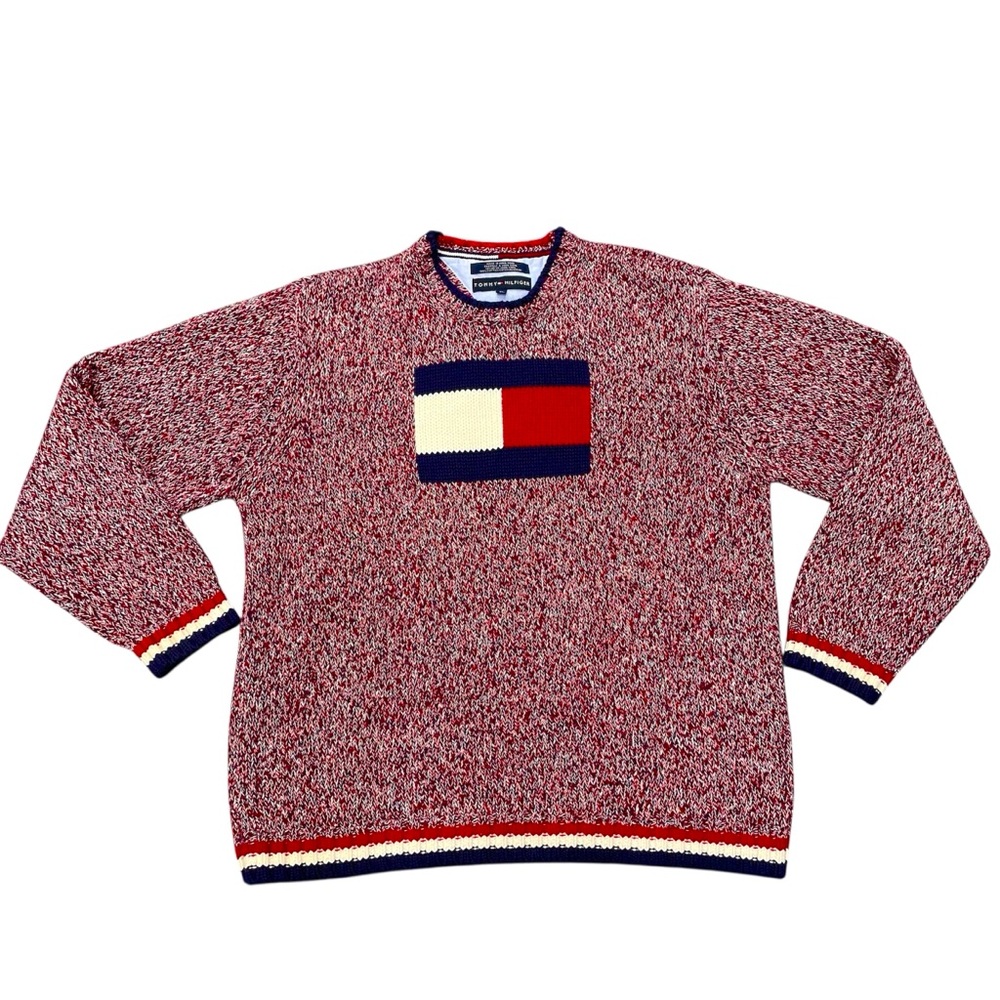 Vintage 90s Tommy Hilfiger Mens XL Knit Sweater Large Logo Red White Blue Y2K